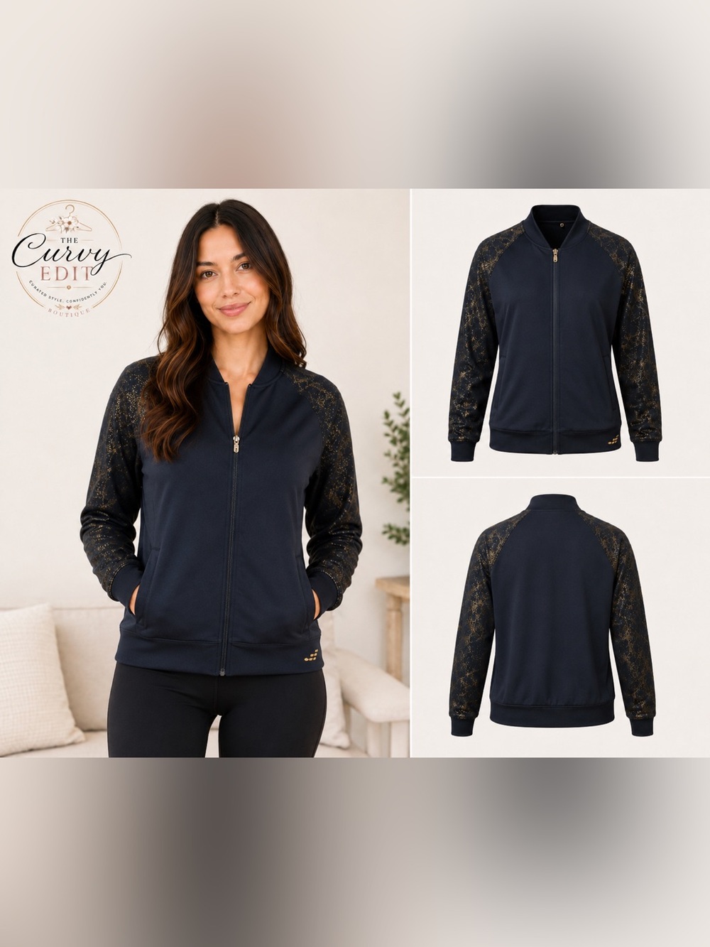 BCG XL Black & Gold Metallic Sleeve Performance Zip Jacket Activewear